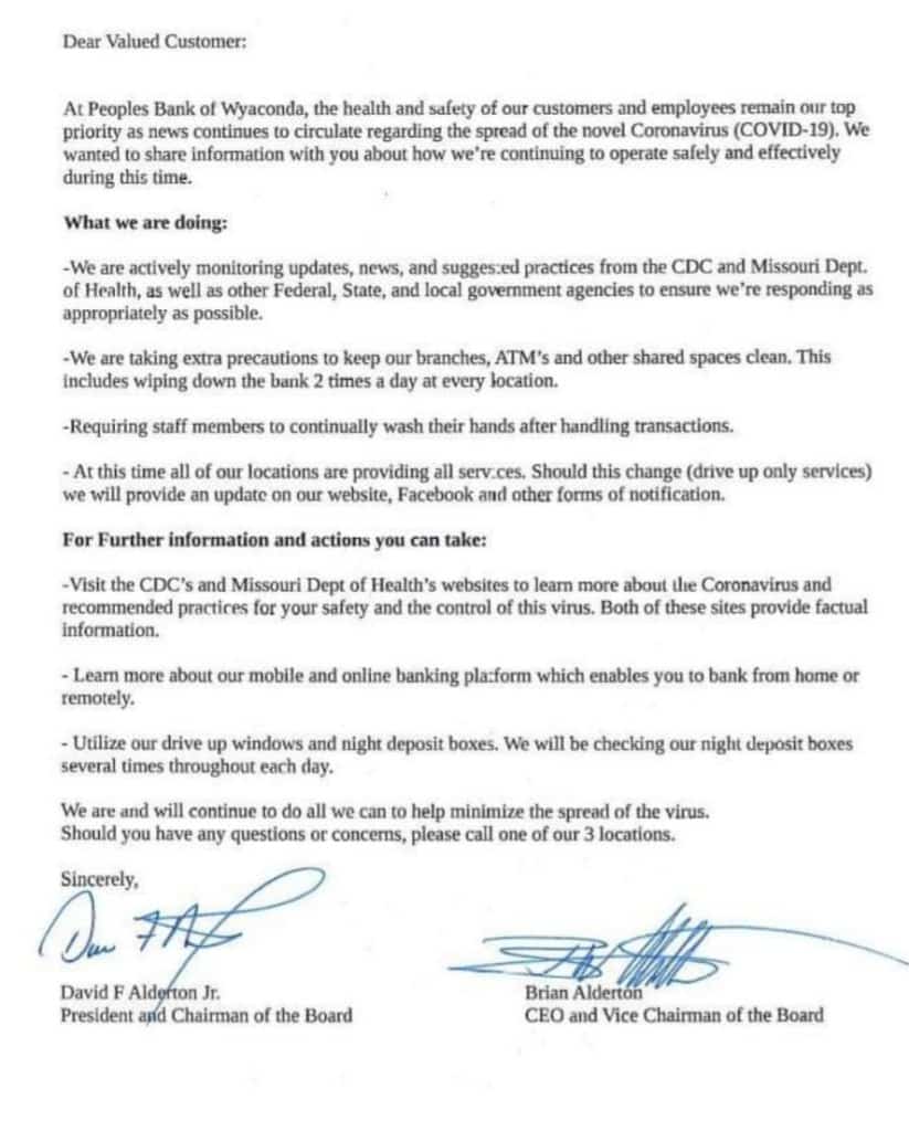 bank letter Peoples Bank of Wyaconda